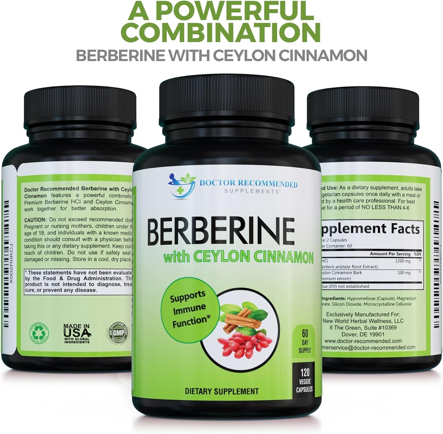 Berberine with Ceylon Cinnamon - 1200Mg Berberine & 100Mg Organic Ceylon Cinnamon - 120 Veggie Capsules, Healthy Immune System & Gastrointestinal Wellness