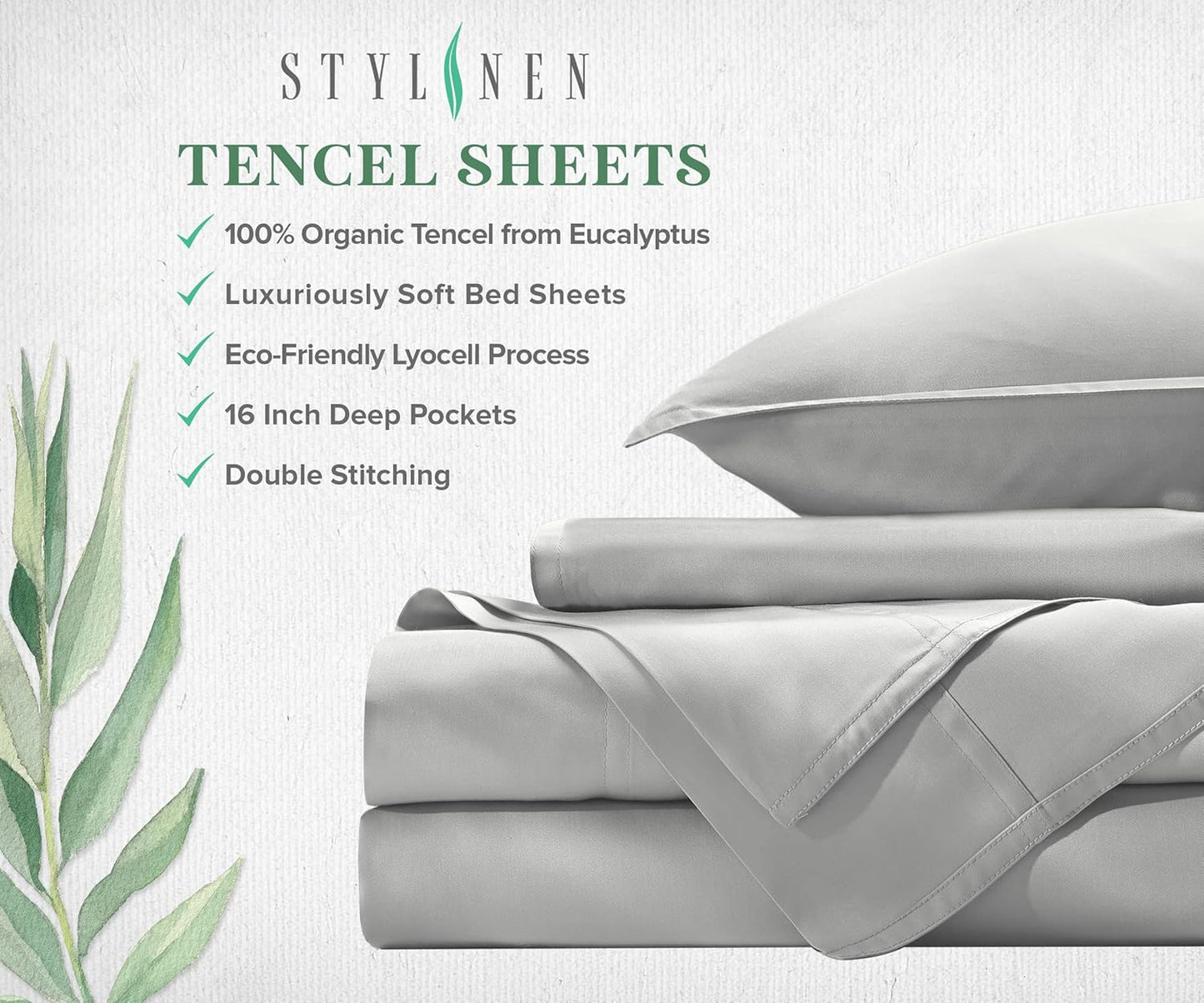 100% Organic Eucalyptus Bed Sheets Queen Size 4 Piece Set, Tencel Lyocell, Silky Soft & Smooth, Breathable, 16 Inch Deep Pockets, 1 Fitted, 1 Flat, 2 Pillowcases (Queen, Silver Pearl)