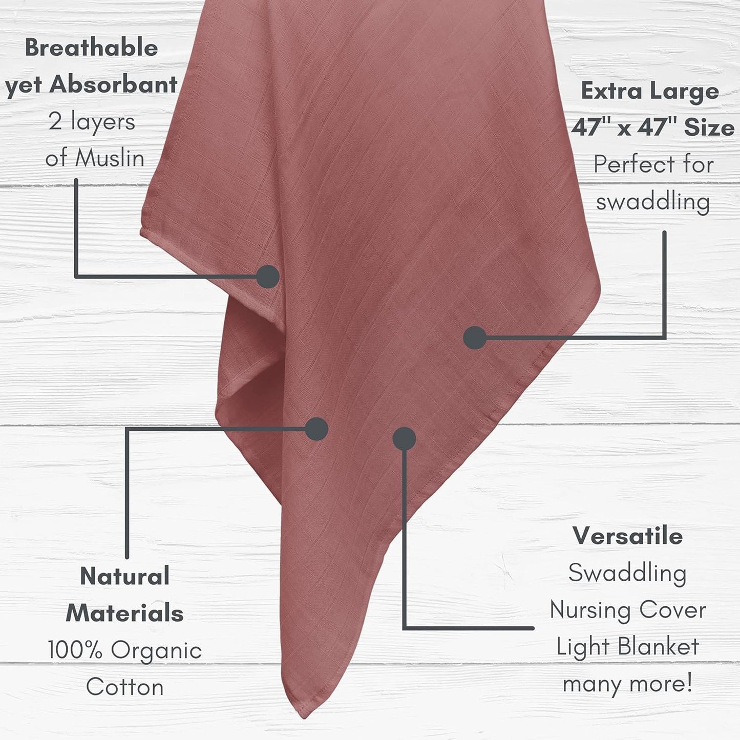 Organic Muslin Swaddle Blankets - 100% Soft Organic Cotton - Baby Girl Blanket and Baby Boy Blanket (Raspberry Red and Pearly Grey)