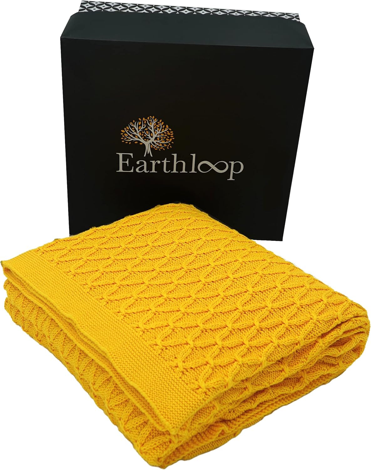 Large Knit Throw Blanket | 100% Organic Cotton – GOTS Certified | Couch and Bed Throw Blankets | Knitted Throws | Adult Cable Knit (60 X 80 In, Yellow Mustard)