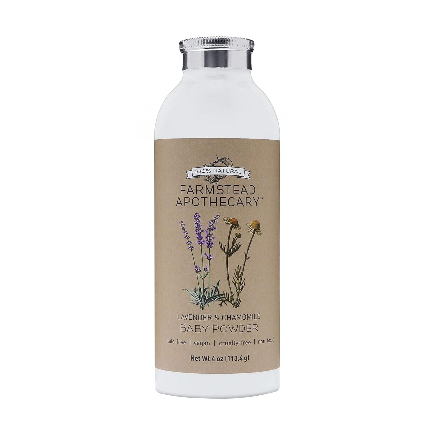 100% Natural Baby Powder (Talc-Free) with Organic Tapioca Starch, Organic Chamomile Flowers, Organic Calendula Flowers, Lavender & Chamomile 4 Oz