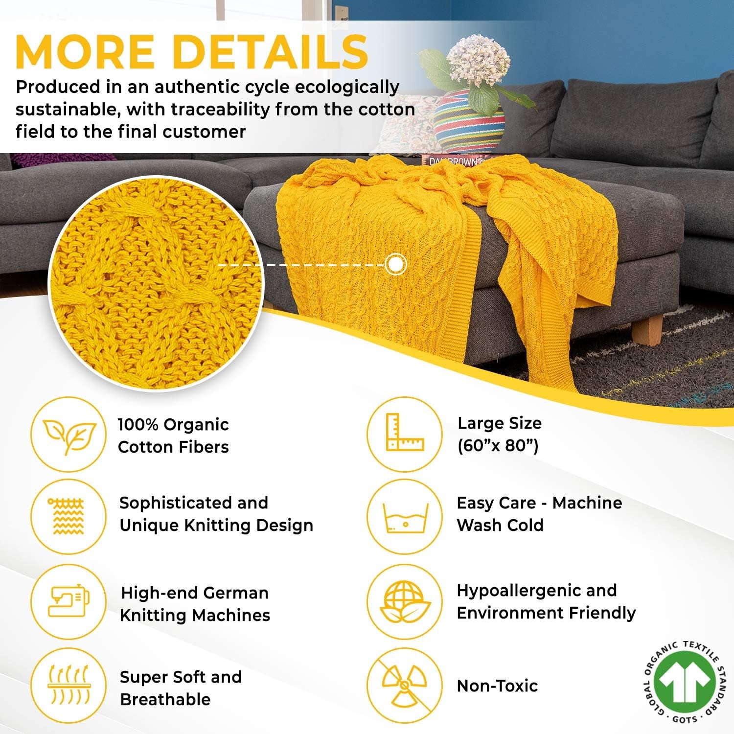 Large Knit Throw Blanket | 100% Organic Cotton – GOTS Certified | Couch and Bed Throw Blankets | Knitted Throws | Adult Cable Knit (60 X 80 In, Yellow Mustard)