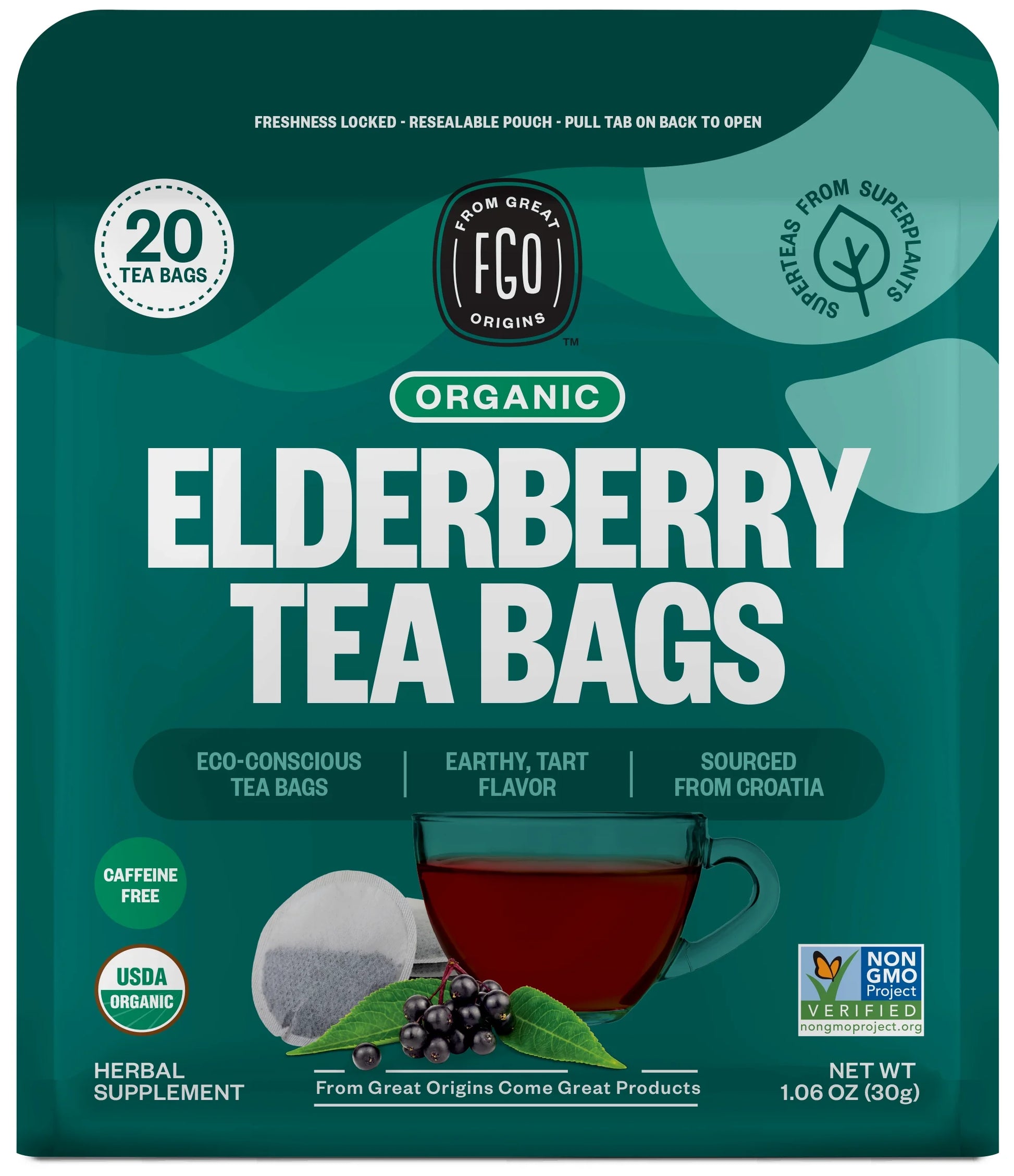 FGO , Elderberry Herbal Tea, Organic Tea Bags, 20 Count, 1.06 Oz