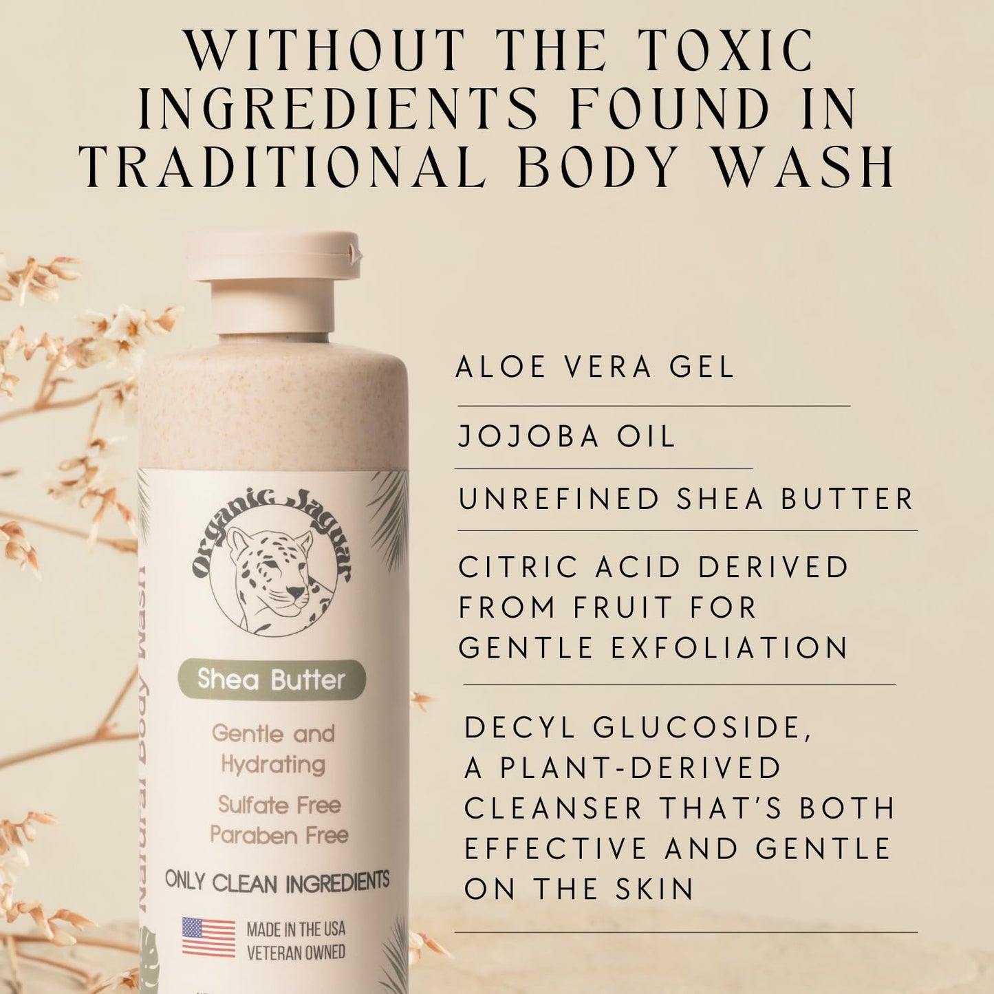 Natural Body Wash with Aloe Vera Gel and Shea Butter, Bath and Shower Soap Cleanser for Body Care, Leaves Skin Soft & Hydrated, Unscented, Sulfate and Paraben Free, 13.5 Fl Oz