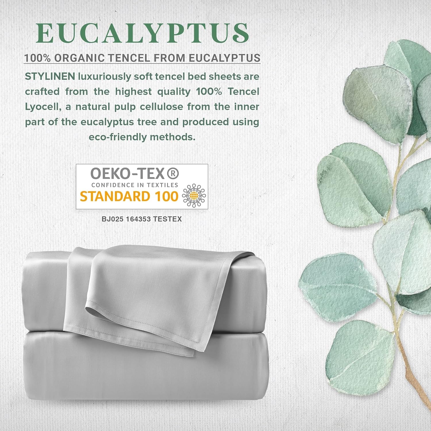 100% Organic Eucalyptus Bed Sheets Queen Size 4 Piece Set, Tencel Lyocell, Silky Soft & Smooth, Breathable, 16 Inch Deep Pockets, 1 Fitted, 1 Flat, 2 Pillowcases (Queen, Silver Pearl)