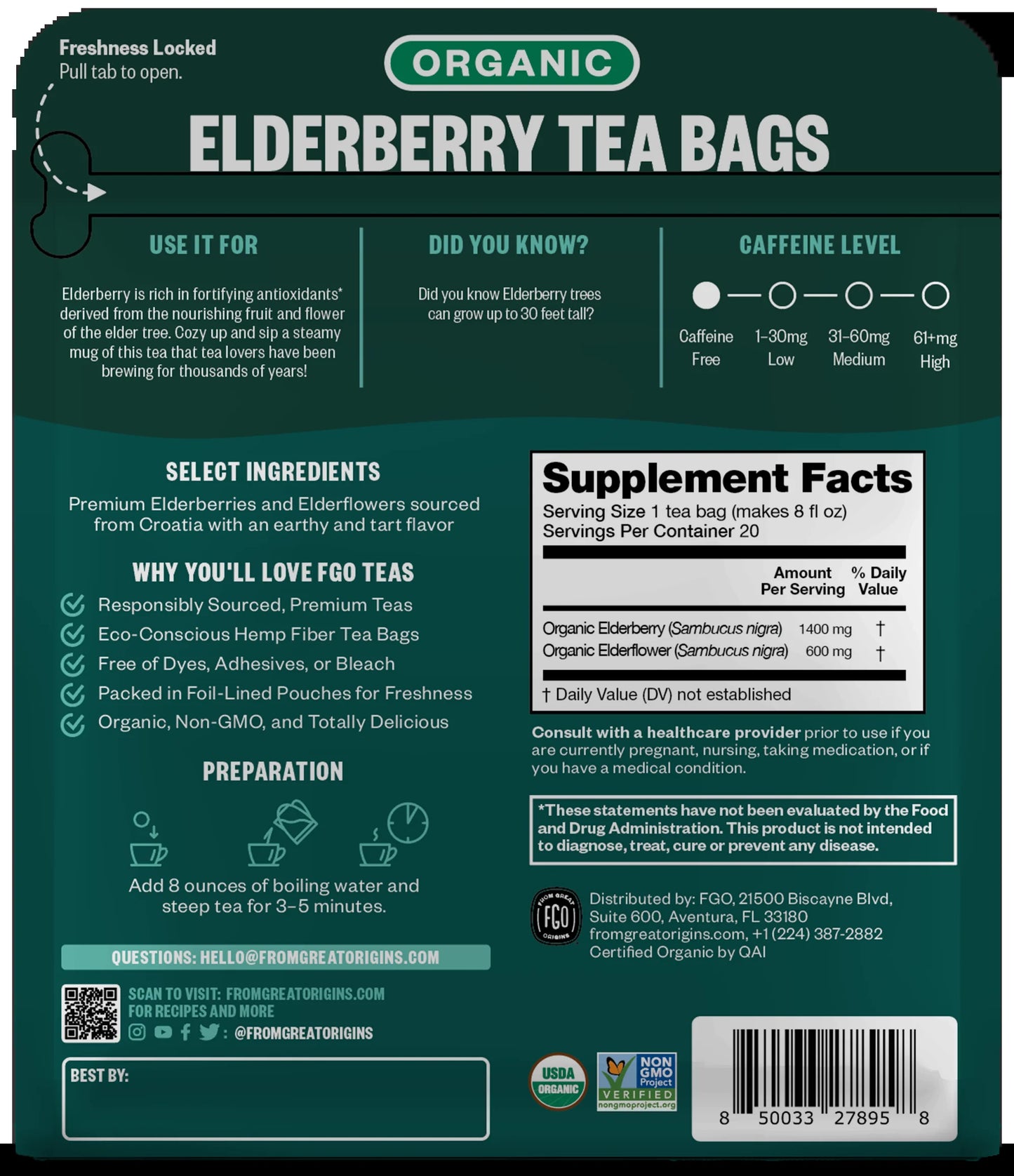 FGO , Elderberry Herbal Tea, Organic Tea Bags, 20 Count, 1.06 Oz