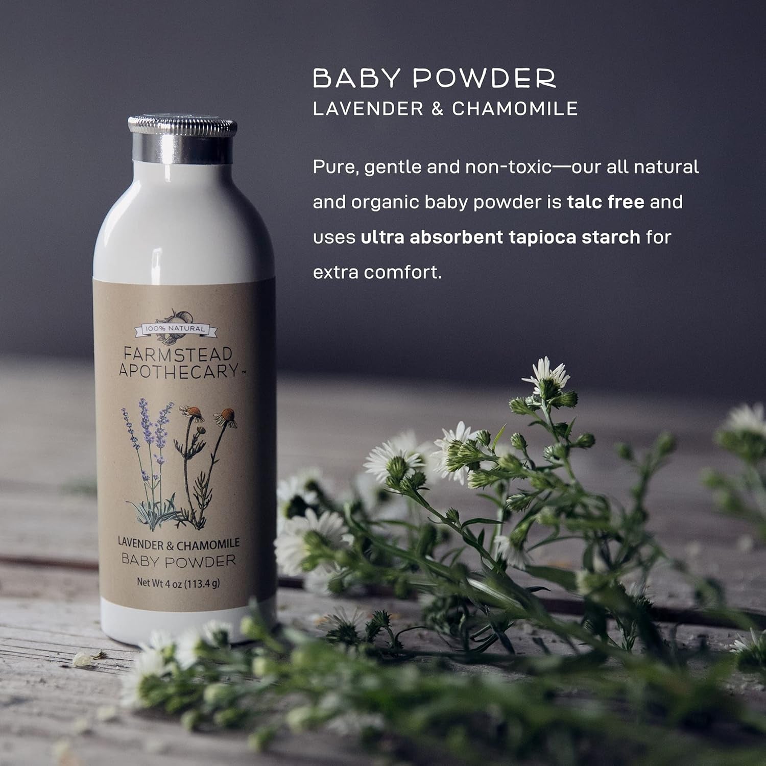 100% Natural Baby Powder (Talc-Free) with Organic Tapioca Starch, Organic Chamomile Flowers, Organic Calendula Flowers, Lavender & Chamomile 4 Oz