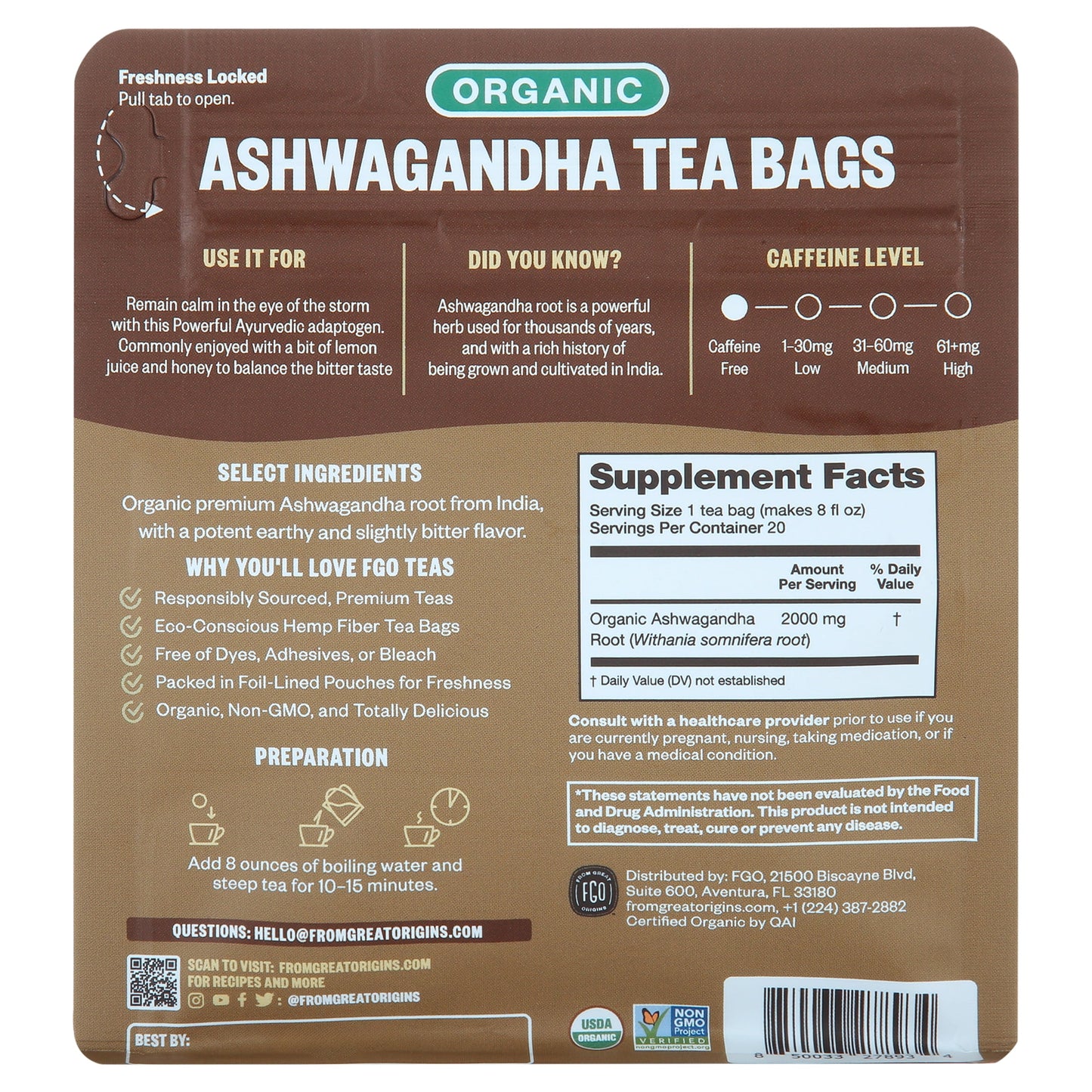 FGO , Ashwagandha Herbal Tea, Organic Tea Bags, 20 Count, 1.06 Oz