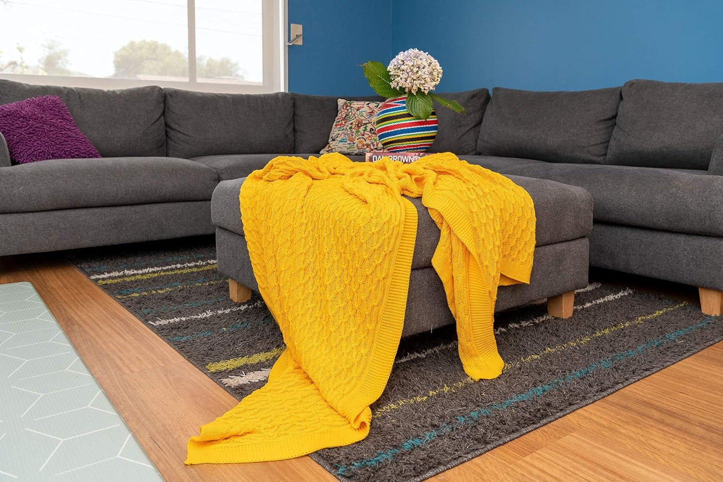 Large Knit Throw Blanket | 100% Organic Cotton – GOTS Certified | Couch and Bed Throw Blankets | Knitted Throws | Adult Cable Knit (60 X 80 In, Yellow Mustard)