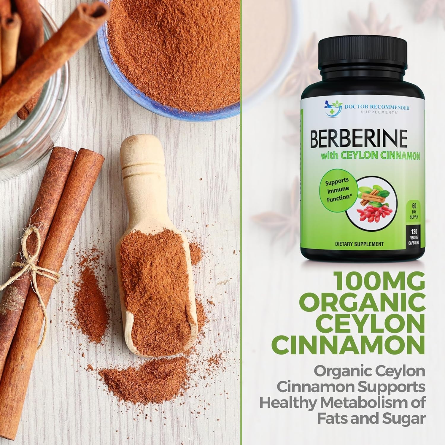 Berberine with Ceylon Cinnamon - 1200Mg Berberine & 100Mg Organic Ceylon Cinnamon - 120 Veggie Capsules, Healthy Immune System & Gastrointestinal Wellness