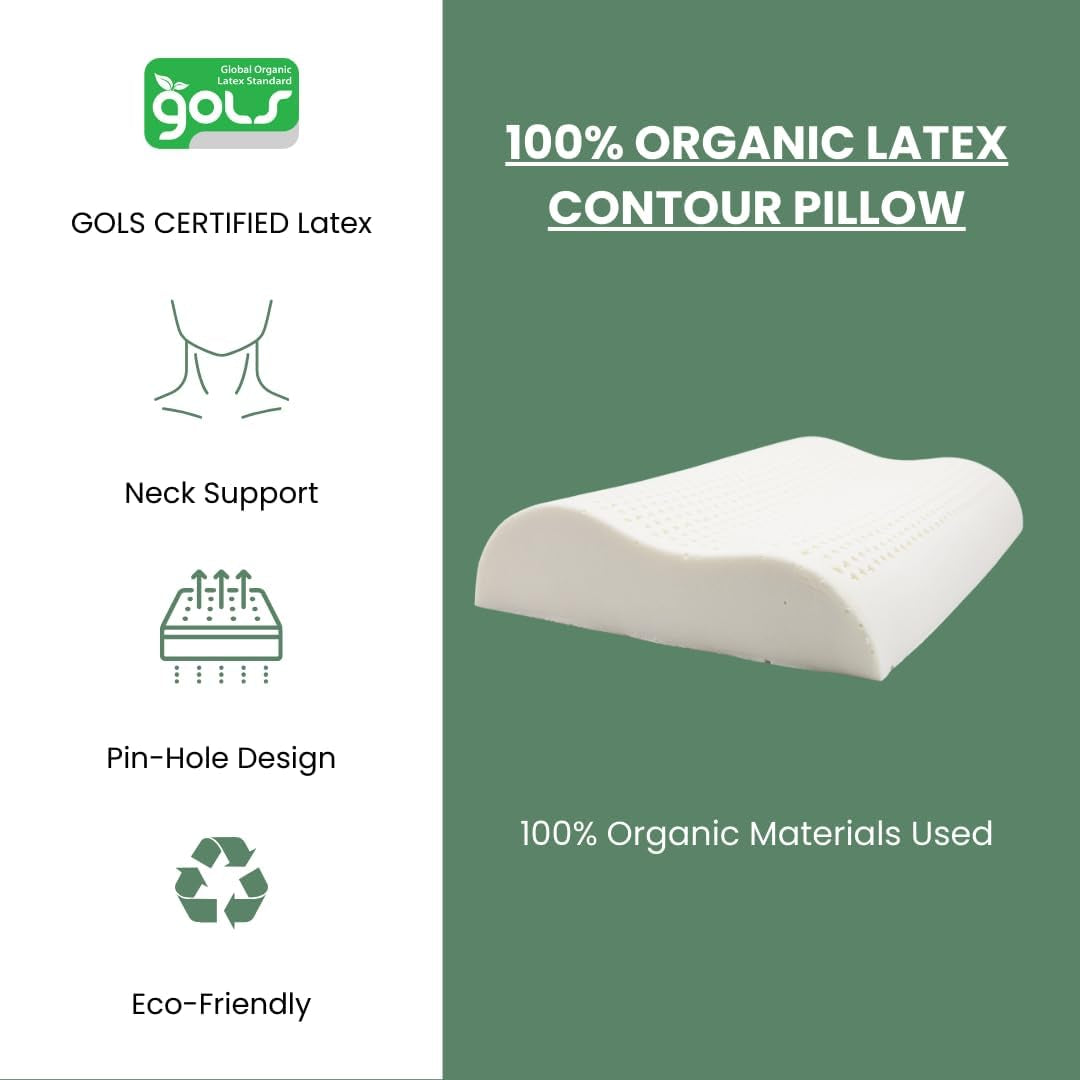 Organictextiles Organic Contour Latex Pillow with Organic Cotton Cover (Low-Loft, Soft), GOTS & GOLS Certified, Bed Pillow for Sleeping, Neck Pain Relief Help, Head Support, for Side Back Sleeper